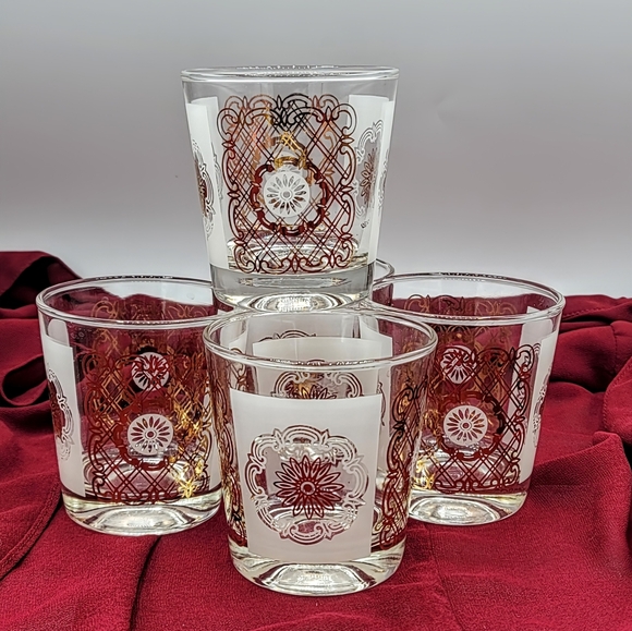 Other - Gold Medallion Rocks Glasses White Panels Regency Barware Set 5 70s Vintage